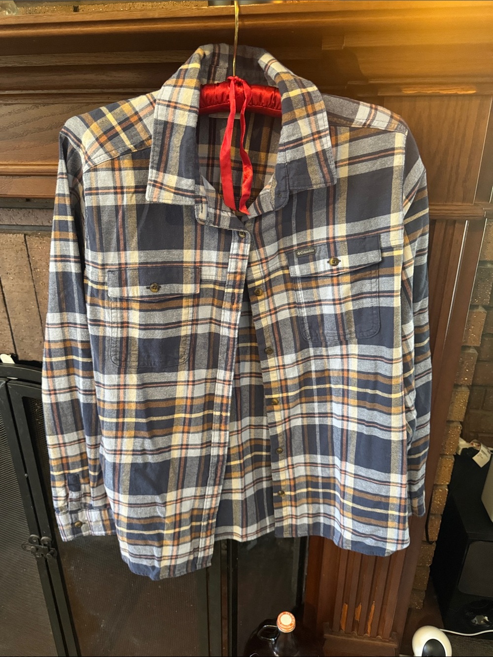 Columbia Blue White Tan Plaid Button-Down Flannel Shirt